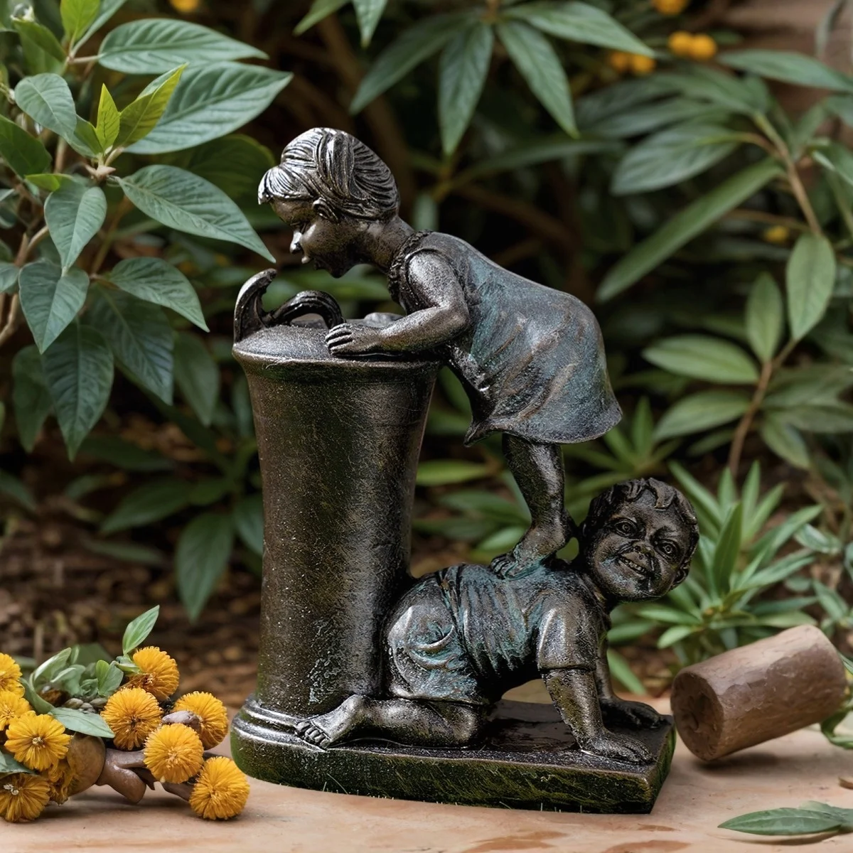 1PC, boy and girl statues, luminous flowing water garden sculptures, resin sculptures, yard garden sculptures and decorations