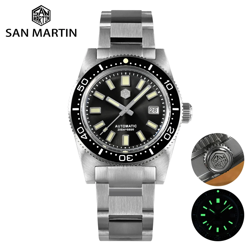 

San Martin 62mas 37mm Sports Diver Men Watch PT5000 Sapphire Crystal Luxury Automatic Mechanical Watches Date 20Bar C3 Luminous
