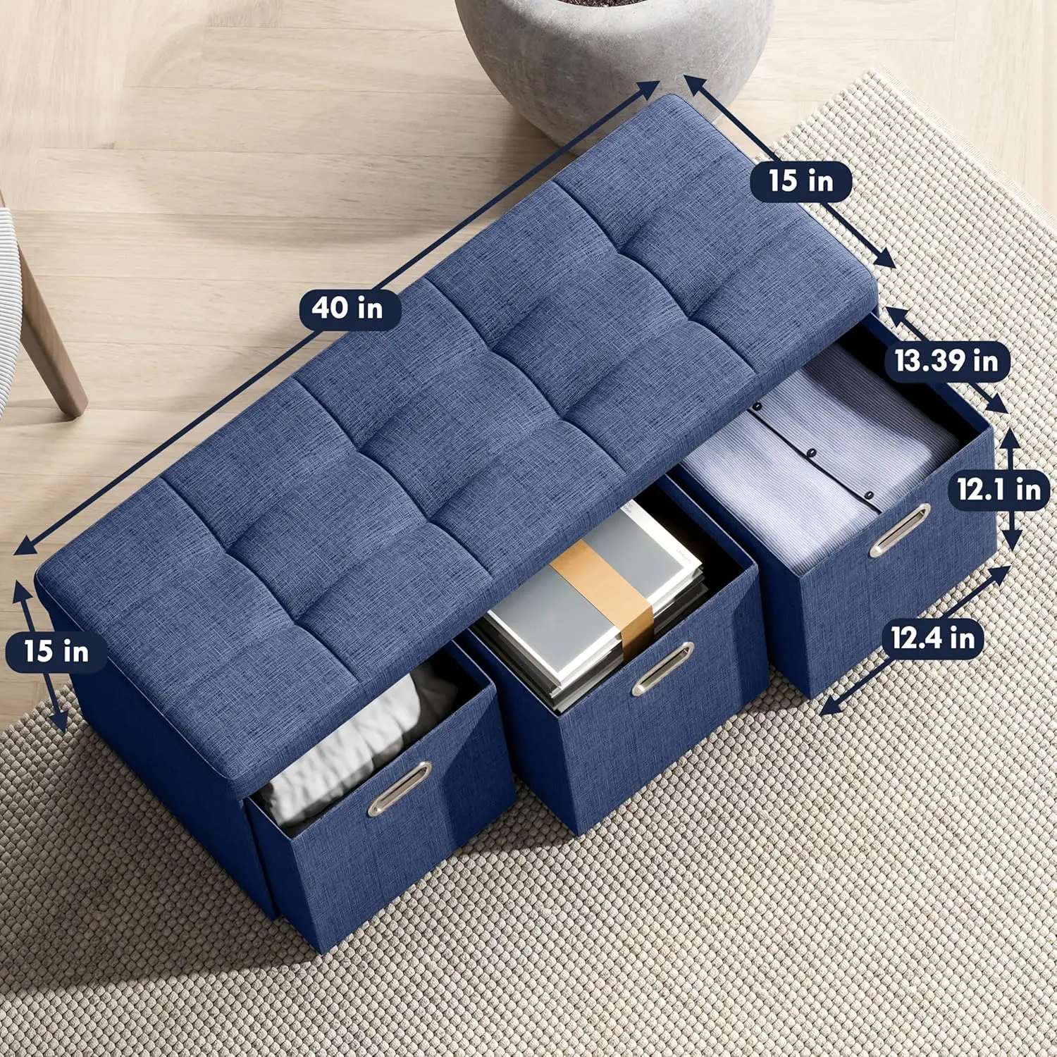 Storage Ottoman with 3 Drawers, 40 Inches Long Foldable Tufted Linen Large Bench Ottoman with Storage, Foot Rest Stool Seat