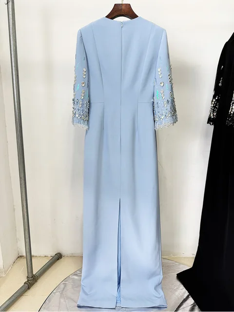 HIGH STREET Newest Fashion 2026 S/S Designer Vestido Women's Half Sleeve Stunning Beaded Long Maxi Dress 4