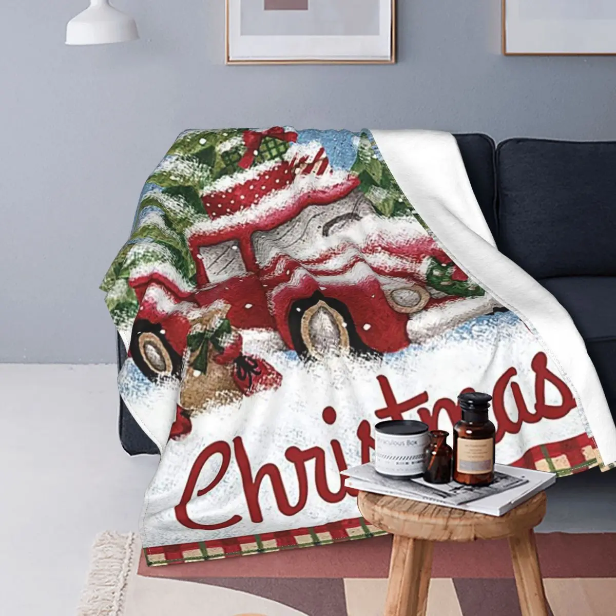 

Nordic Merry Christmas Blanket Coral Fleece Plush Red Truck New Year Lightweight Thin Throw Blankets for Bedroom Sofa Bed Rug