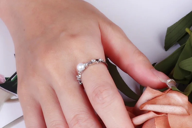 Echte Süßwasser-Ringe mit natürlichen rosa Perlen, niedliche kleine 925er-Perlen-Damenringe, verstellbar, Mutter, Frau, Geburtstagsgeschenk, Weiß – Detail 6