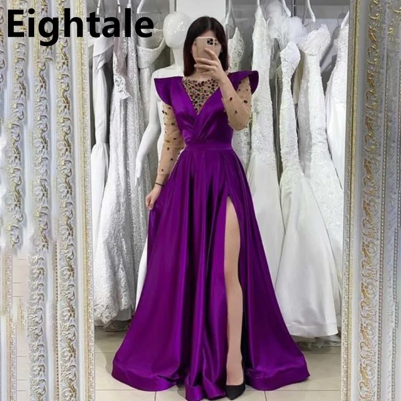 

Eightale 2022 A Line Purple Arabic Evening Dress Long Sleeve Beaded Crystal High Slit Prom Party Gown Dubai Robe Soirée Femme