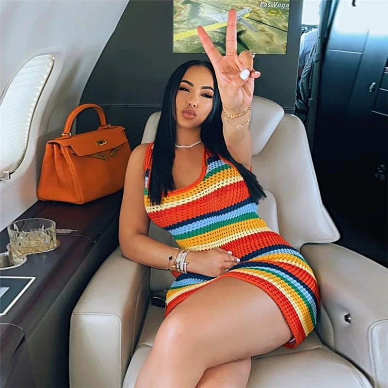 

BoozRey Knitted Rainbow Patchwork Mini Dress Women Casual Sleeveless with Holes O-neck Slim Vestido Female Trend Street Bodycon