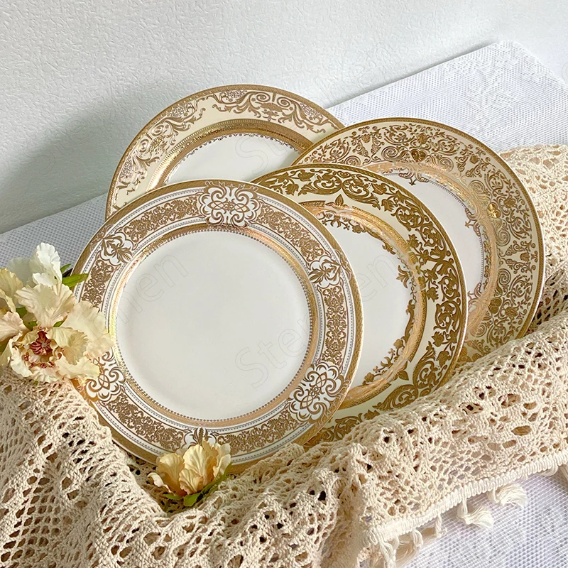 

Creative Gold Stroke Ceramic Plate 8 Inch Relief Lace Afternoon Tea Cake Dessert Plates Breakfast Bread Dish Bonechina Tableware