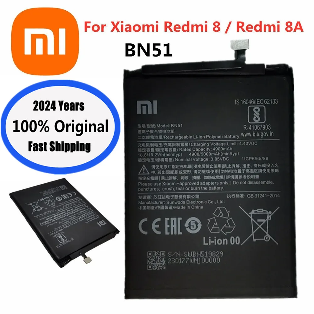 

2024 Years New 100% Orginal Battery For Xiaomi Redmi 8A 8 Redmi8A Redmi8 BN51 5000mAh Mobile Phone Battery Bateria Batteries