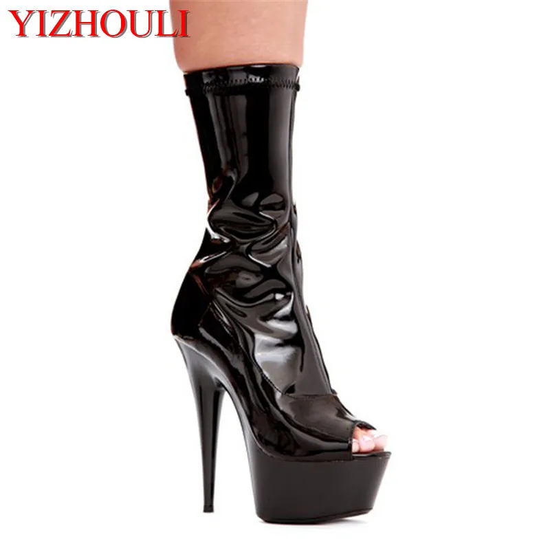 

Newest Sexy Cool 15cm Ultra thick High Heels classic short Boots Fashion Pu leather toe Shoes Black Women's Ankle dance shoes