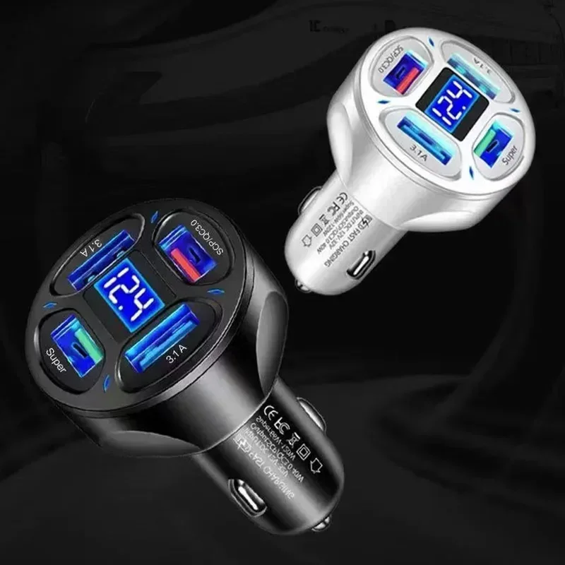 Fast Charging 4 Port USB Car Charger with LED Display