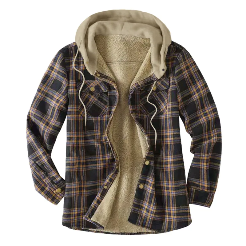 Casual Hooded Plaid Fleece Shirts For Men Fall Winter Thick Warm Velvet Lined Flannel Shirt Jacket Man Camisas De Hombre