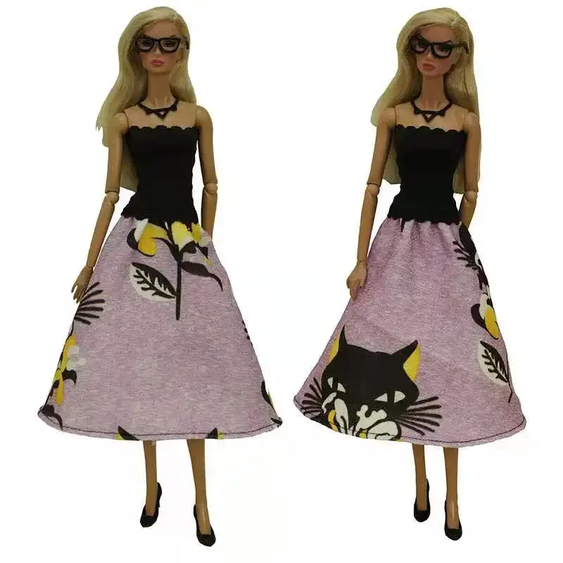 Fashion Black Pink Cartoon Cat Floral Doll Dress For Barbie Clothes Outfits Off Shoulder Princess Gown 1/6 BJD Dolls Accessories