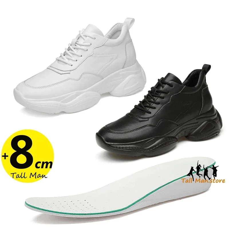 

Genuine Leather shoes men elevator sneakersheight increase insole 8cm for men White black plus size 36-44 breathable