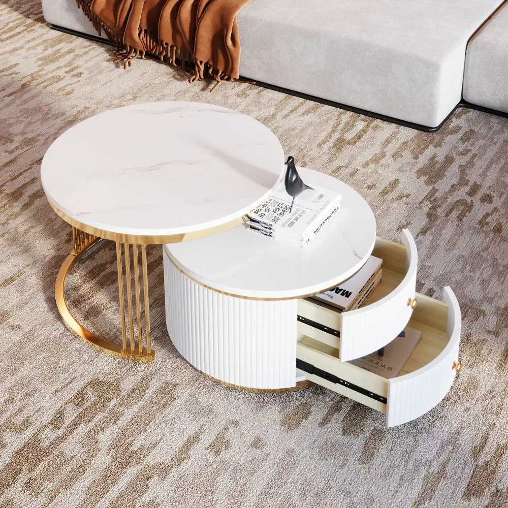 Caf&eacute; Tables, Modern 2 Piece White Round Nested Coffee Table with Drawers