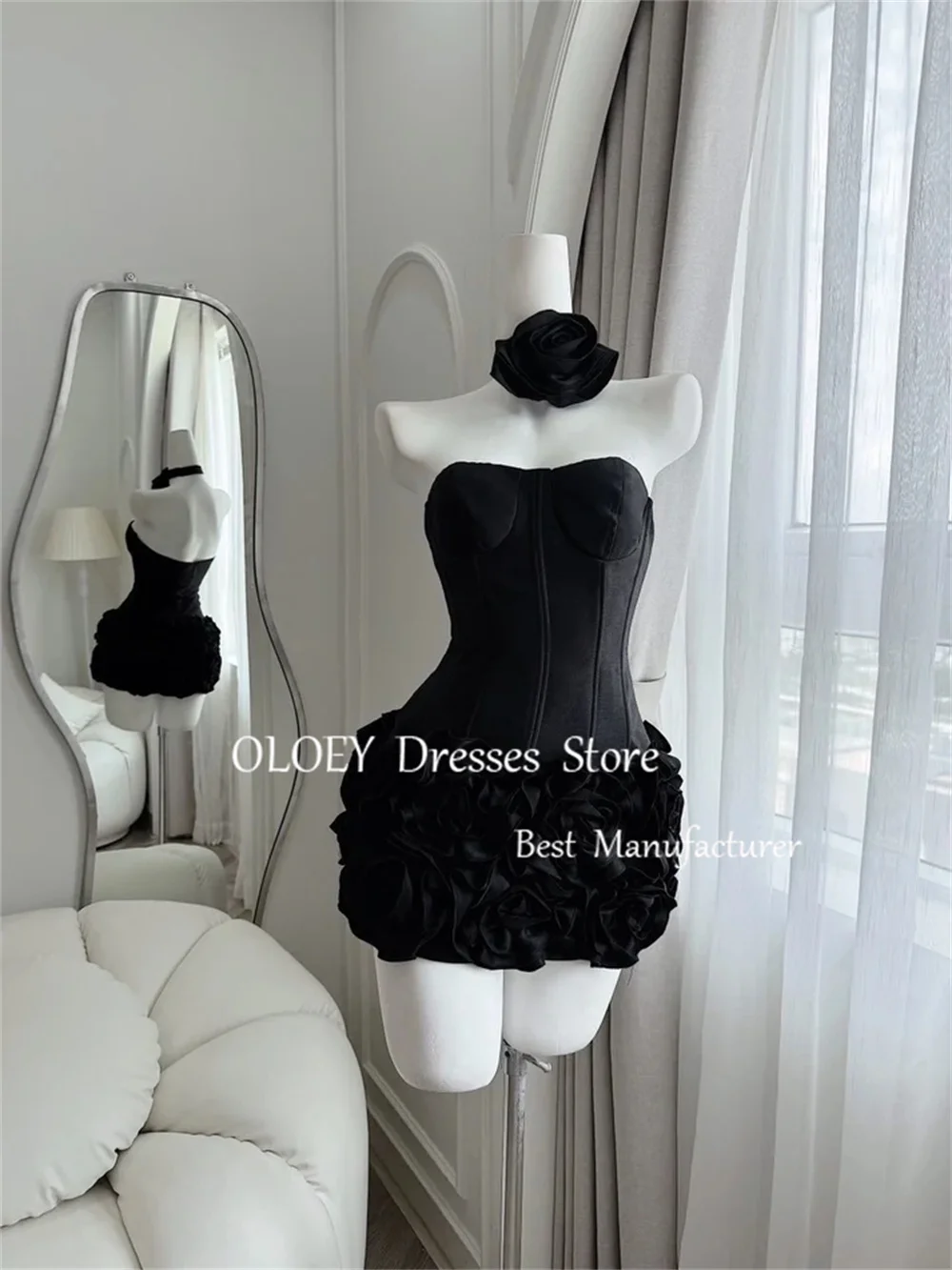 OLOEY Flowers Mini Prom Cocktail Dress with Scarf Sweetheart Short Wedding Party Dress Sleeveless Pleats Satin