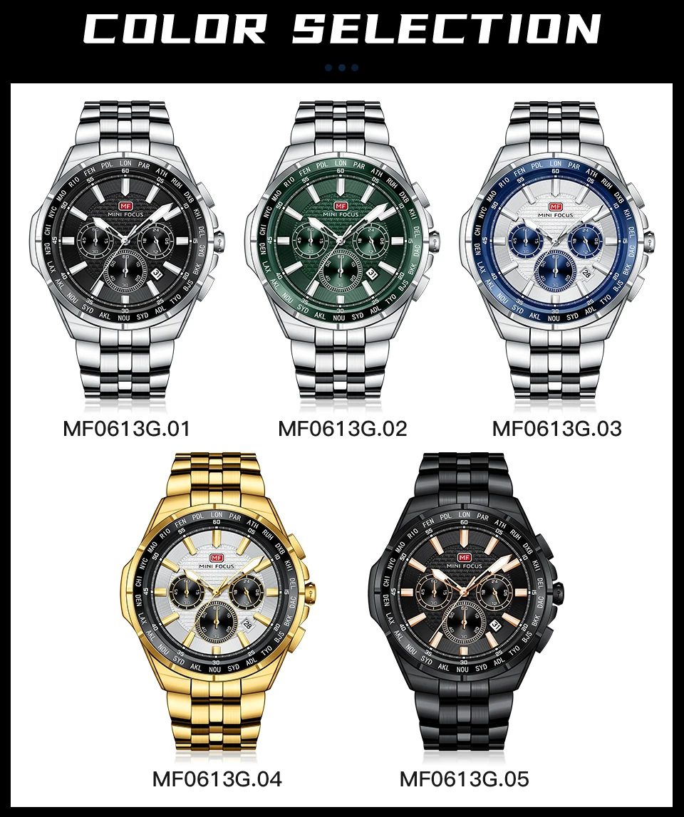 MINI FOCUS Orologio sportivo al quarzo da uomo, multifunzione, con piccoli quadranti, cinturino in acciaio inossidabile, orologi da uomo d'affari, nuovo 0613G_voghion.com