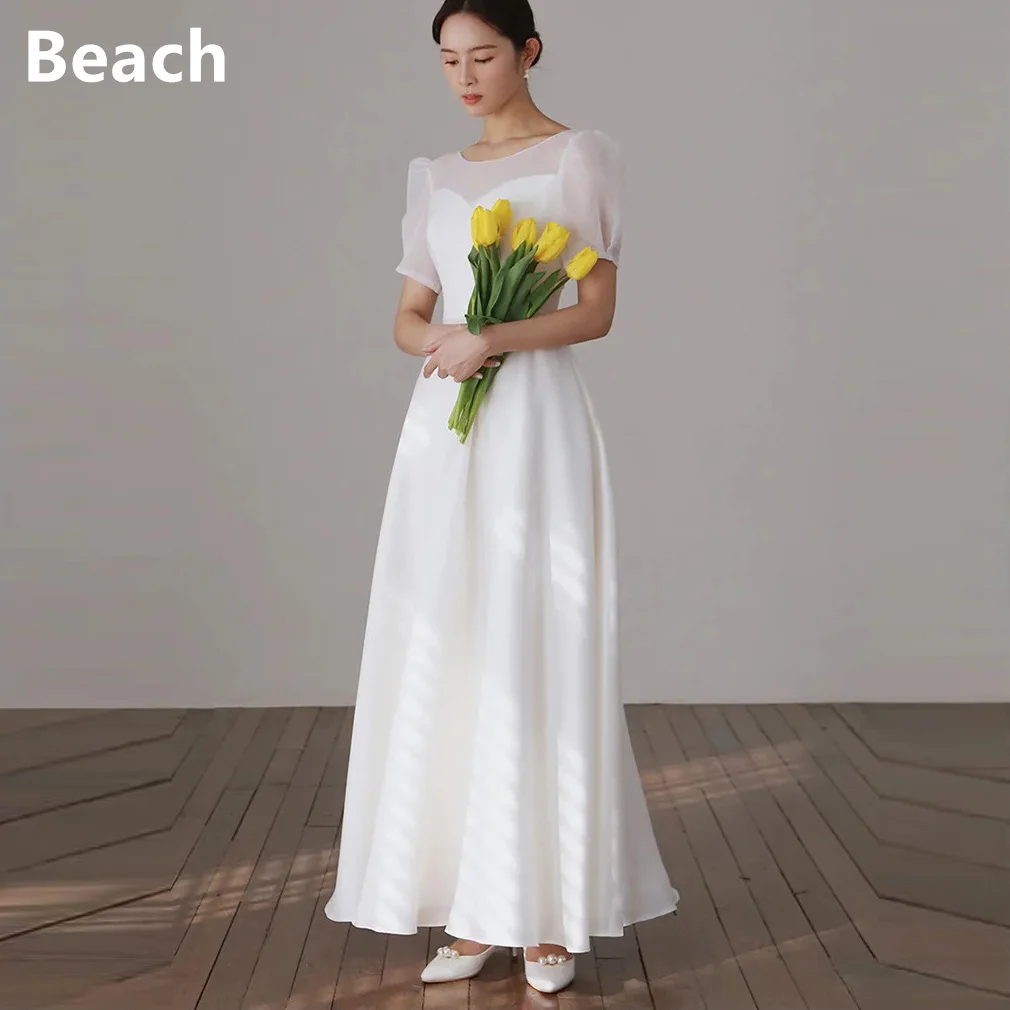 

Illusion Classic O-neck Robe De Mariee Elegant Long A Line Wedding Dresses With Short Sleeves Satin Simple Vestido De Festa