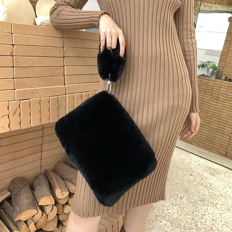 New Real Fur Ladies Fur Bag Rex Rabbit Fur Elegant Ladies Clutch Bag Single Shoulder Crossbody Fashion Envelope Bag