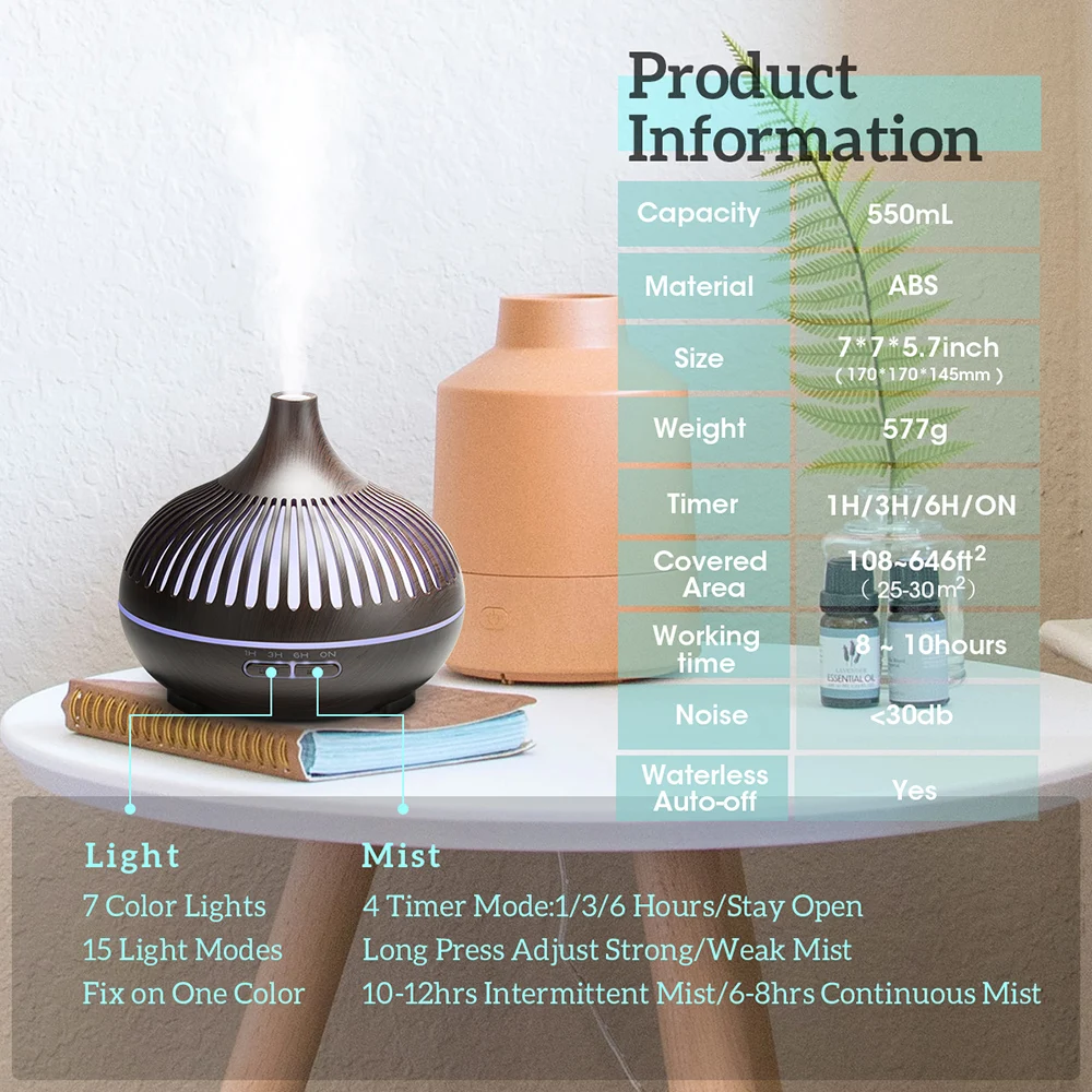 500ML Aromatherapy Essential Oil Diffuser Wood Grain Remote Control Ultrasonic Air Humidifier Cool with 7 Color LED Lights 5