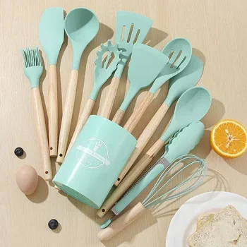 12PCS Silicone Kitchenware Non-Stick Cookware Kitchen Utensils Set Spatula Shovel Egg Beaters Wooden Handle Cooking Tool Set