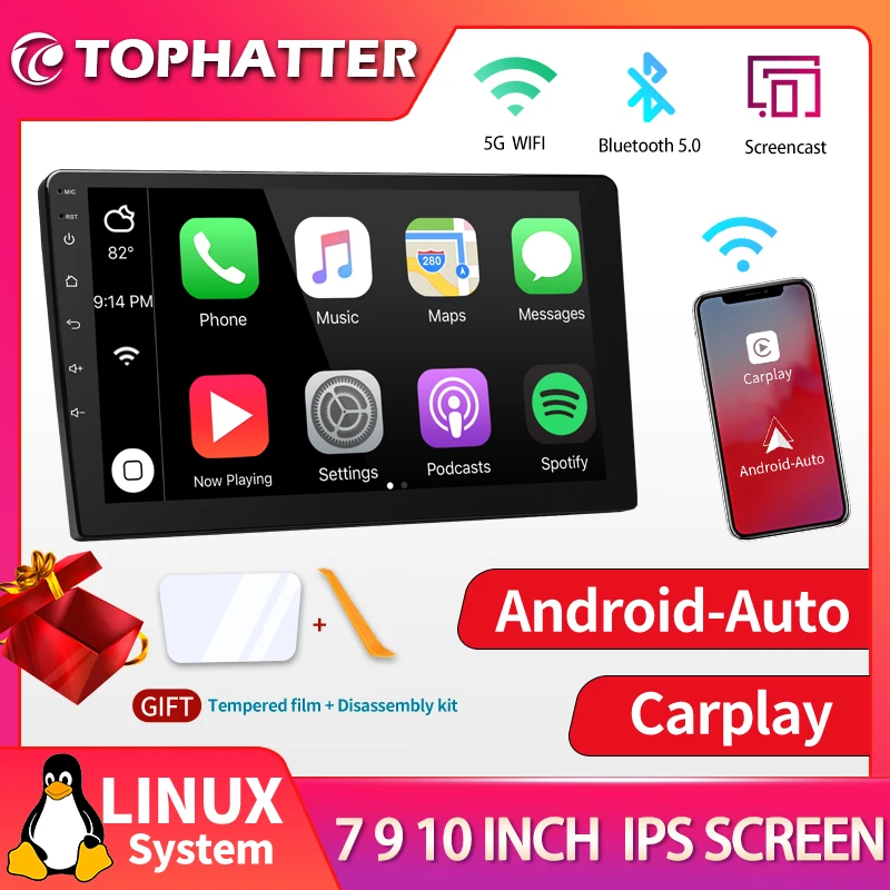 TOPHATTER Wireless Carplay Android Auto Car Stereo 7 9 10 inch Android Player Radio 2 Din Universal Car Video Players car stereo cd player