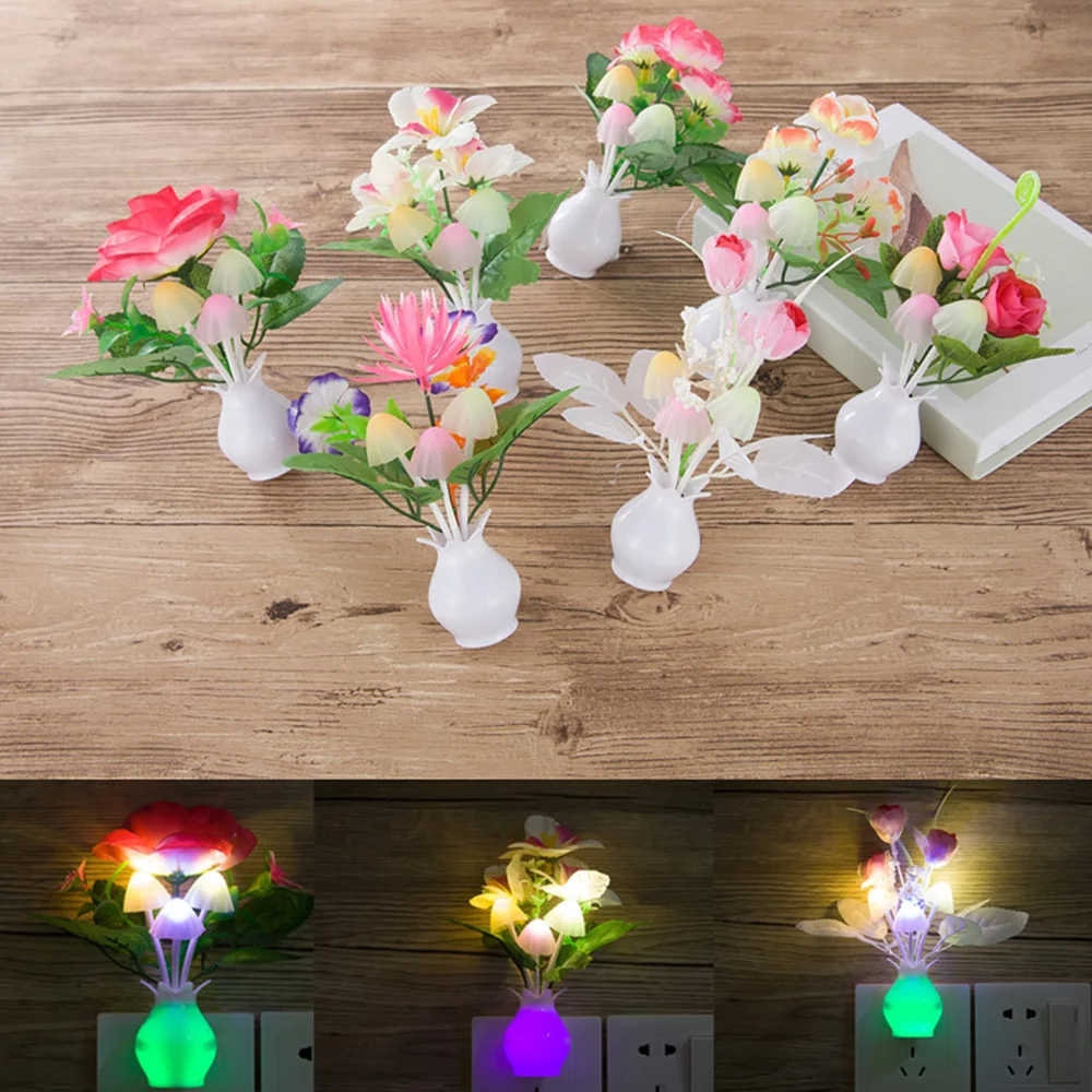 LED Night Light Sensor Plug-in Auto Switch Rose Flower Luminous Vase Night Light Wall Bedroom Living Room 1Pc