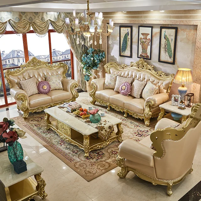 Classic Luxury Sofa Rubber Solid Wood  Golden  Antique European Royal Style Living Room Sofa Sets 1+2+3