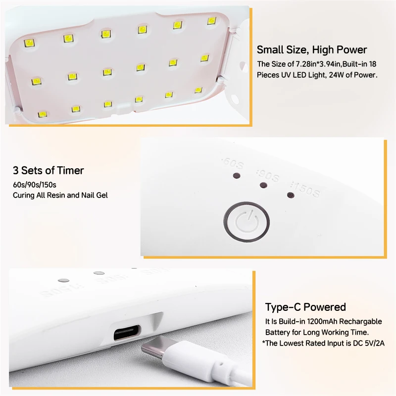 24W USB Rechargeable UV LED Lamp for Gel Nails,Mini Nail Dryer UV Light for Nails,UV Lamp for Resin Curing 2