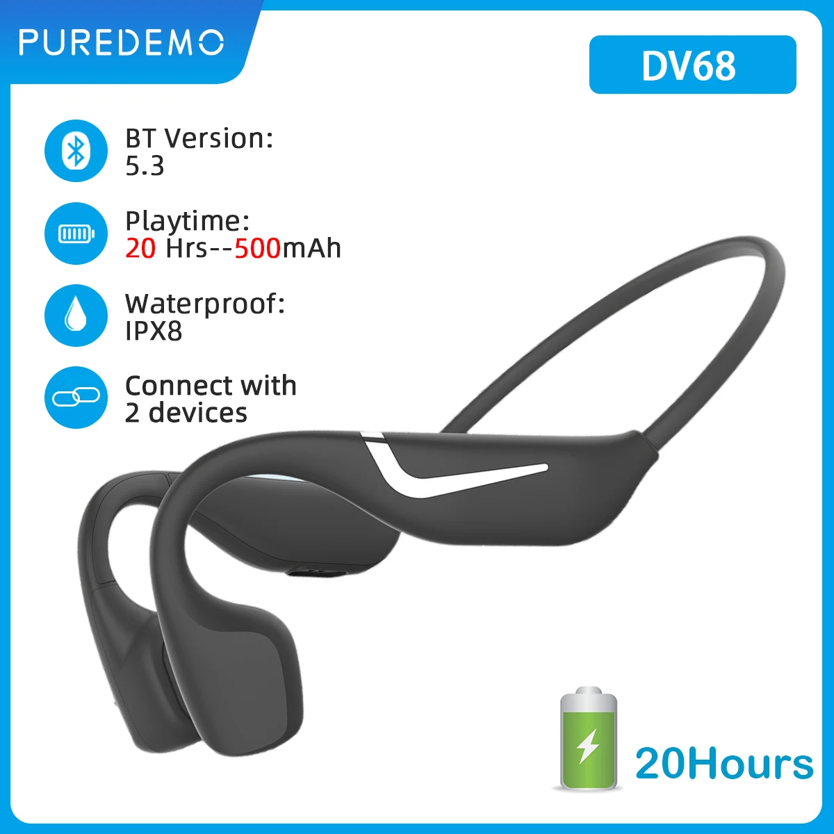 

Real Bone Conduction Headphones Bluetooth 5.3 Wireless Earphones Waterproof Sports Headset with Mic for Workouts Running Driving