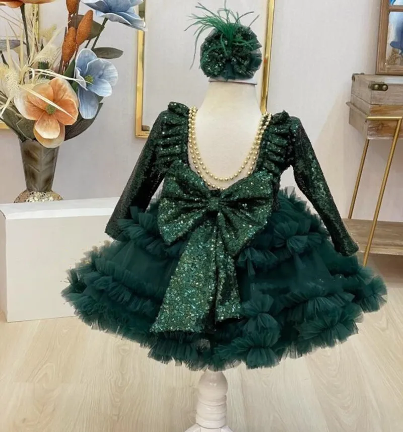 

Emerald Green Baby Girl Dress Fluffy Toddler Tutu Long Sleeves Squined Tulle Gown Flower Girl Dress Party Birthday