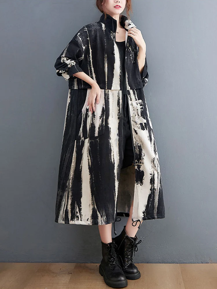 2025 Autumn Winter Oversized Turtleneck Long Trench Coat For Women Drawstring Casual Loose Vintage Print Outerwear Cardigan