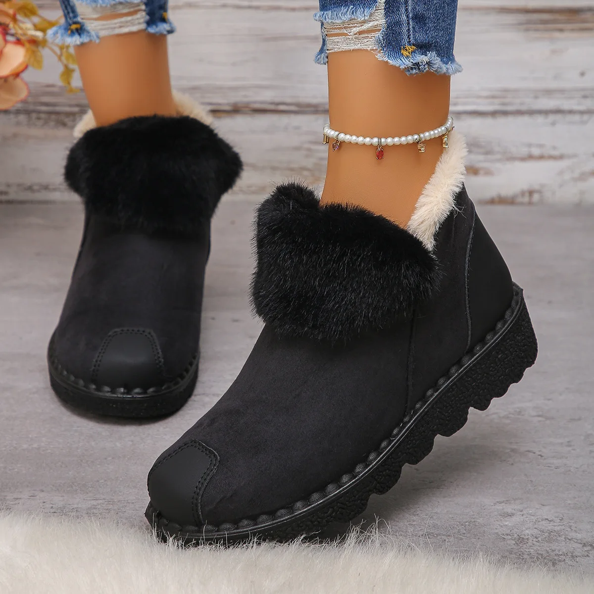 2025 Women Snow Ankle Boots Flats Winter Warm Comfortable Short Boots New Fashion Fur Plush Suede Shoes Women Zapatos De Mujer