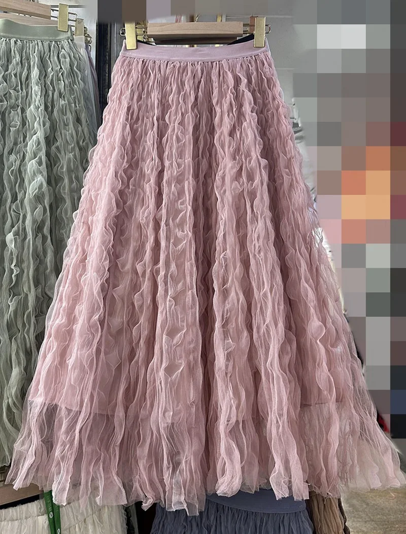 

Wave Curled Irregular Yarn High Waist A-line Skirt 2024 Spring/Summer New Yarn Skirt Korean Long Half Skirt for Women