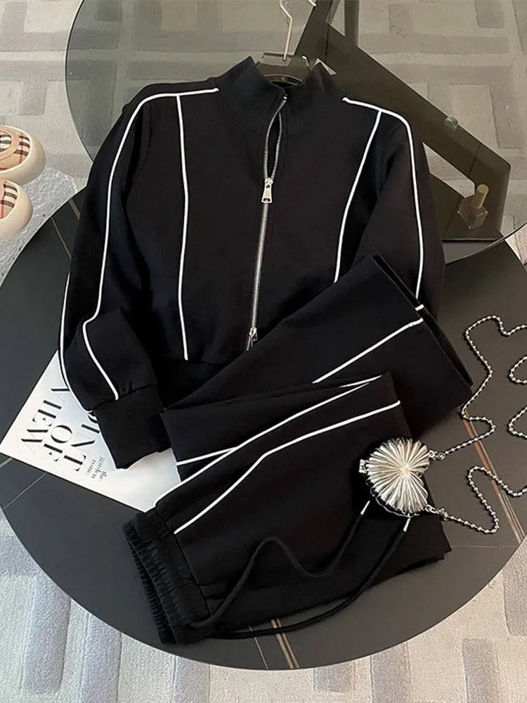 Women's Tracksuit Contrast Zipper Full Sleeve Jackets High Wasit Drawstring Straight Pants Female Suits 2025 Spring Lady Outfits 4