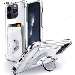 Shockproof Airbag Ring Holder Phone Case with Card Slot and Stand Feature for iPhone 13 (Silver)