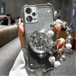 Gradient Glitter Phone Case with Holder and Hand Strap in Electroplated Design - Redmi Note 12S (Silver)