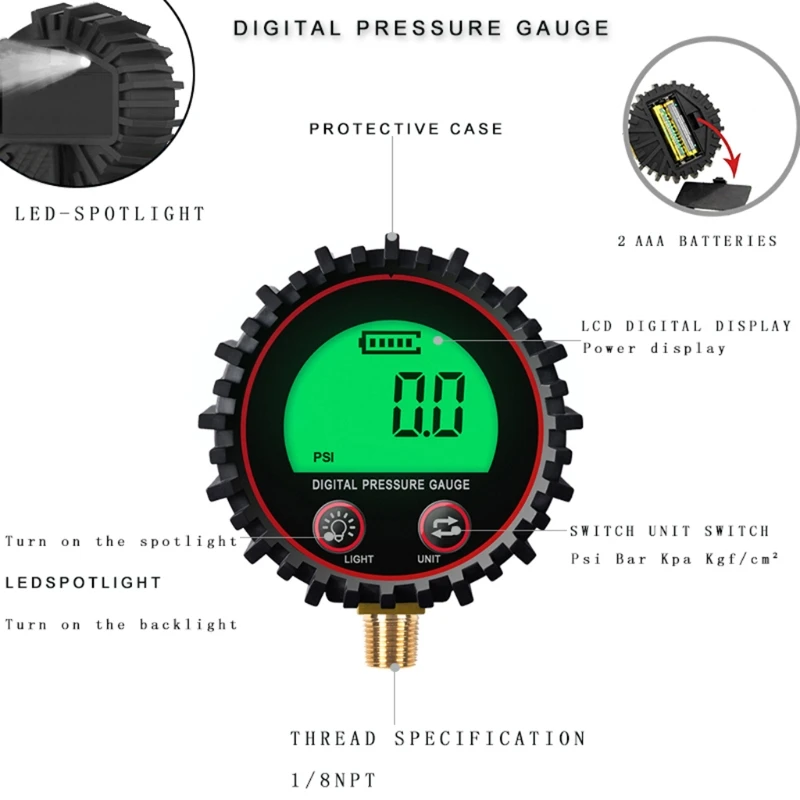 

Digital Tyre Pressure Gauge Multiple Units Kpa Bar kgf cm² Rang to 255psi Dropship