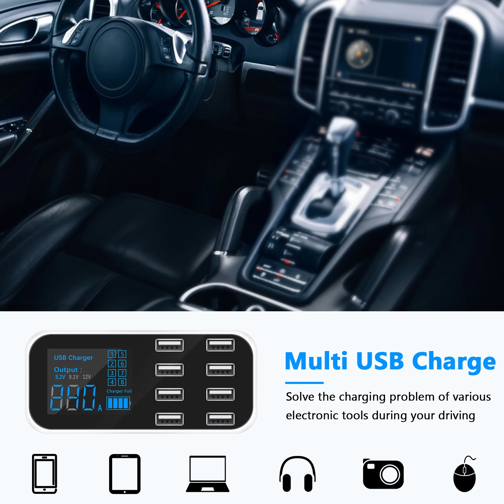 Cargador de coche rápido A9S 8 puertos Multi USB Pantalla LCD Cargador de  teléfono 12V Hub USB para Eccomum Cargador de coche