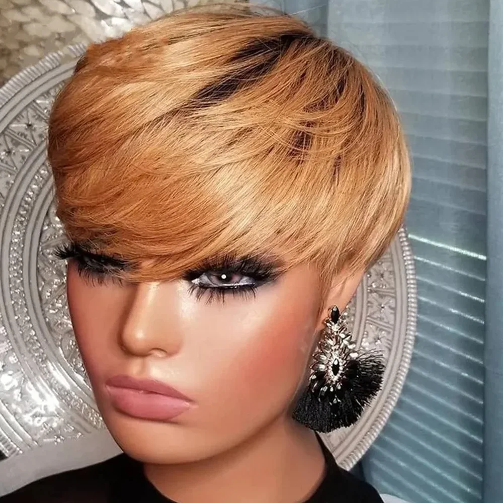 Ombre T1B/27 Human Hair Short Wigs Black Women Straight Bob Pixie Honey Blonde Brazilian No Lace Front Wig With Bang human hair wigs