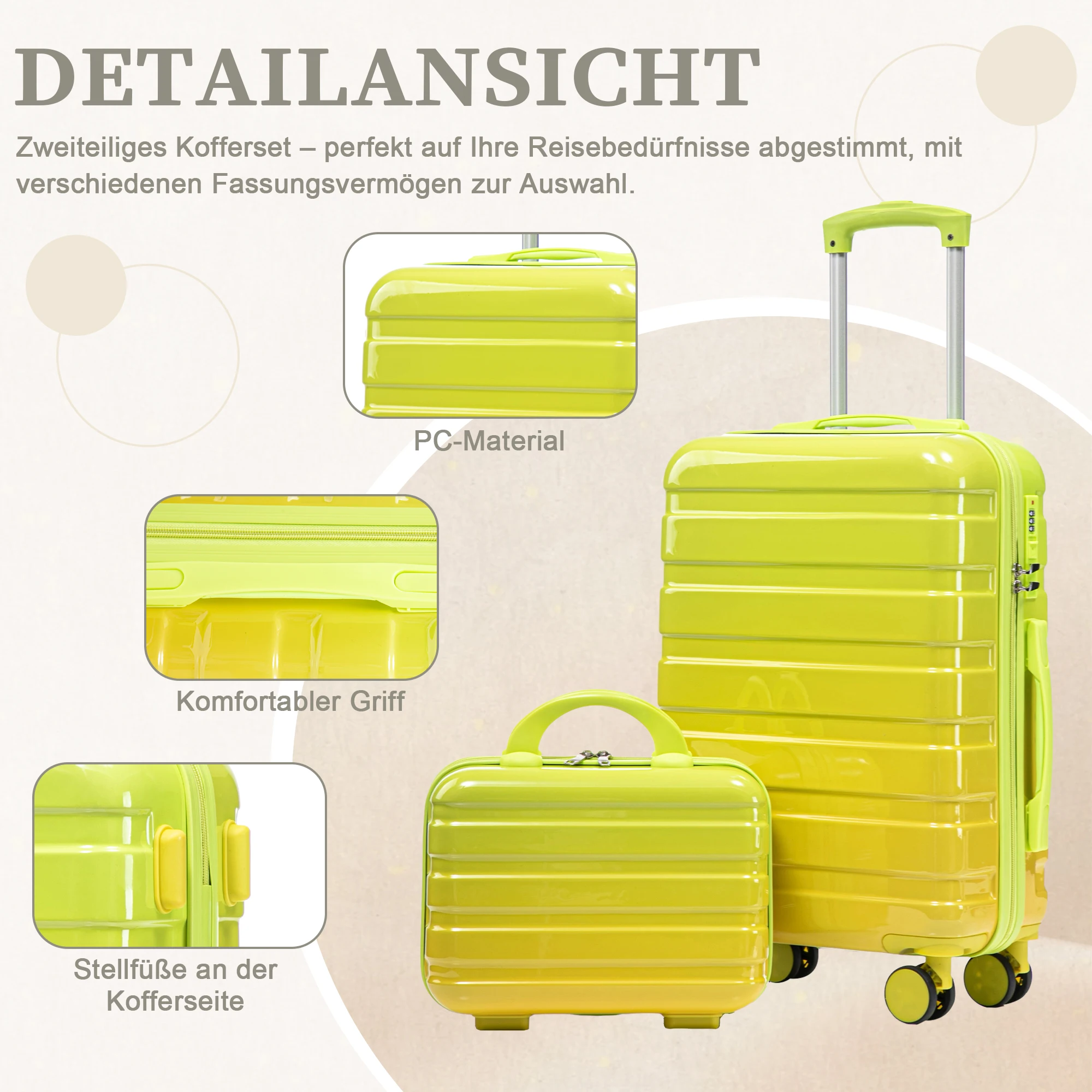 14"/20" 2-teiliges PC-Spinner-Kofferset mit Zahlenschloss & 360°-Drehung ° Doppelte Geräuscharme Drehräder – Detail 3