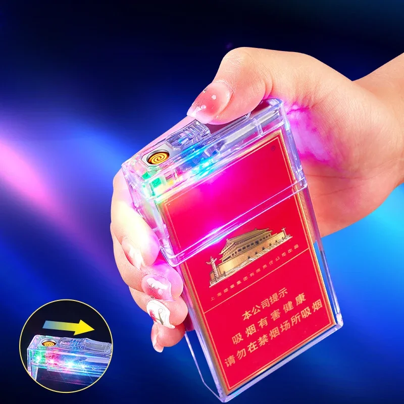 TransparentColorfulLightCigaretteCaseLighterUSBCigaretteLighter20PackSlimCigarette