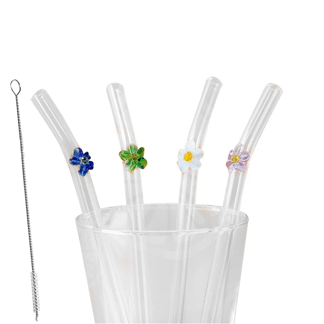 Glass Straw With Flower Shatter Resistant Bend Straws Reusable Straws Kit  With Cleaning Brush For Tumblers Coffee Mugs Mason