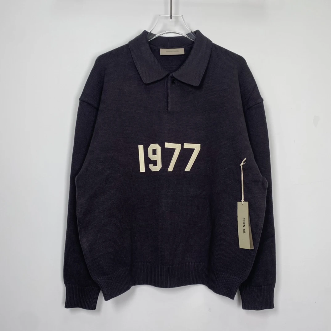 

2022 Autumn Winter New Arrive Streetwear 1977 Digital Flocked Polo Knit Sweater Men Women Loose Hip hop Streetwear Knit Pullover