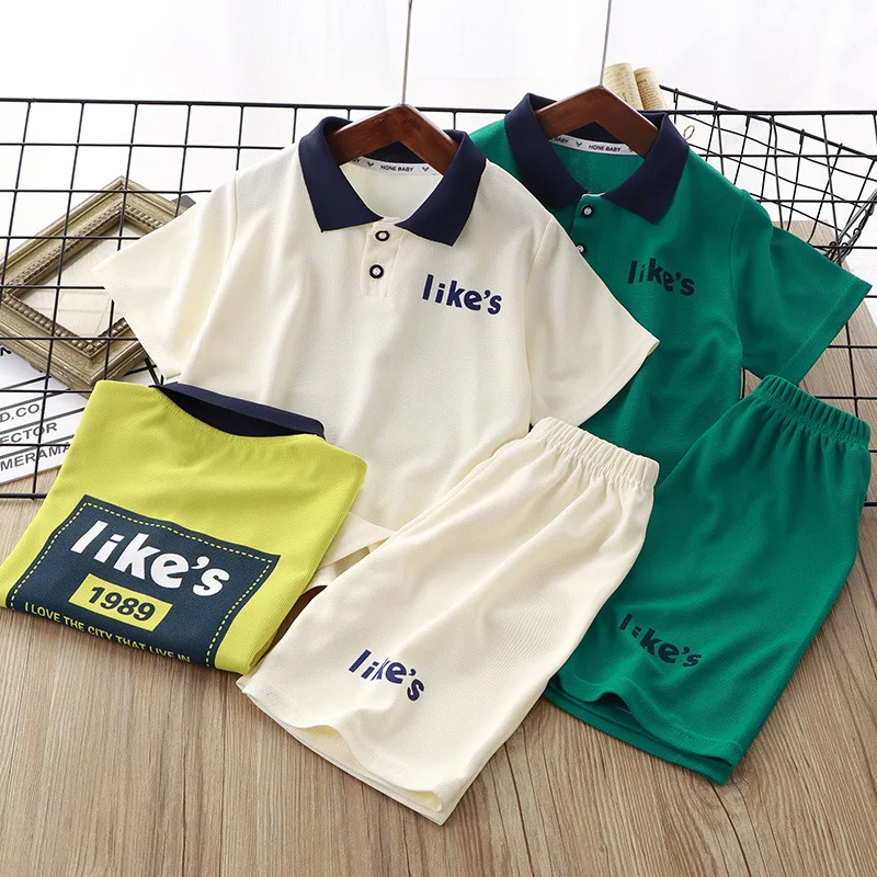 Summer Korean Children Boys 2PCS Clothes Set Waffle Letter Short Sleeve Polo T-shirts Loose Shorts Suit Teenager Boys Outfits