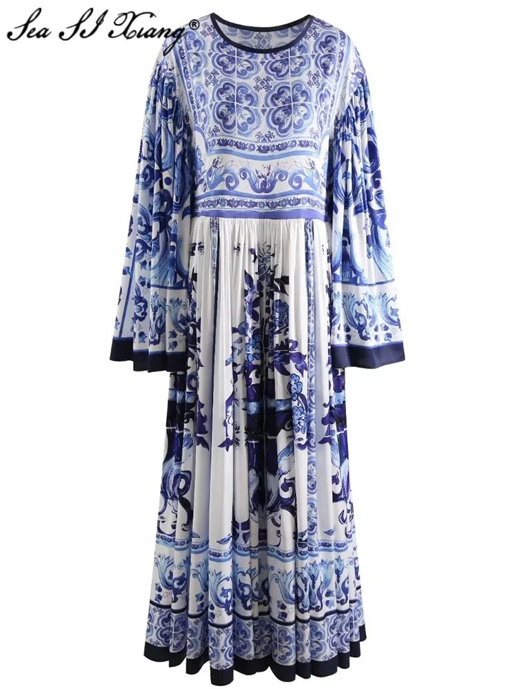 

Seasixiang Designer Summer Chiffon Maxi Dress Women O-Neck Flare Sleeve Blue and White Porcelain Print Sicilian Vacation Dresses
