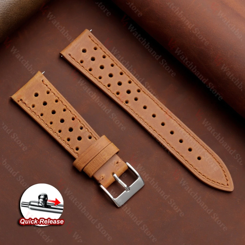 Vintage Racing Leather Breathable Watch Strap in Brown