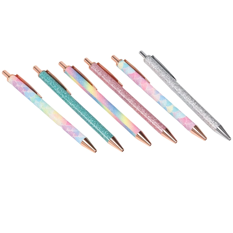 

6 PCS Glitter Ballpoint Pens Rose Gold Click Ballpoint Pen Metal Glitter Pen Retractable Black Ink Medium Point Pens