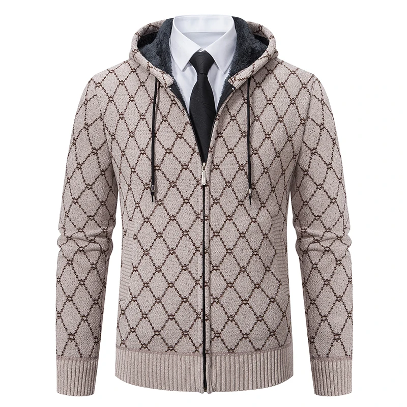Male Cold Sweater Coat Winter Fleece Jackets Men's Y2K Knit Hoodies Zipper Cardigan with Hood Plaid High Quality Velvet Overcoat