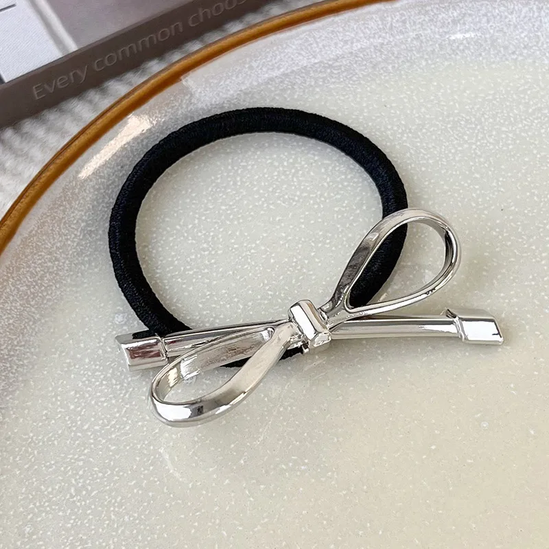 Sweet Cool Style Metal Bow Hair Rope Simple Cold Style Silver Sweet and Spicy Hair Band High Elastic Ponytail Rubber Band