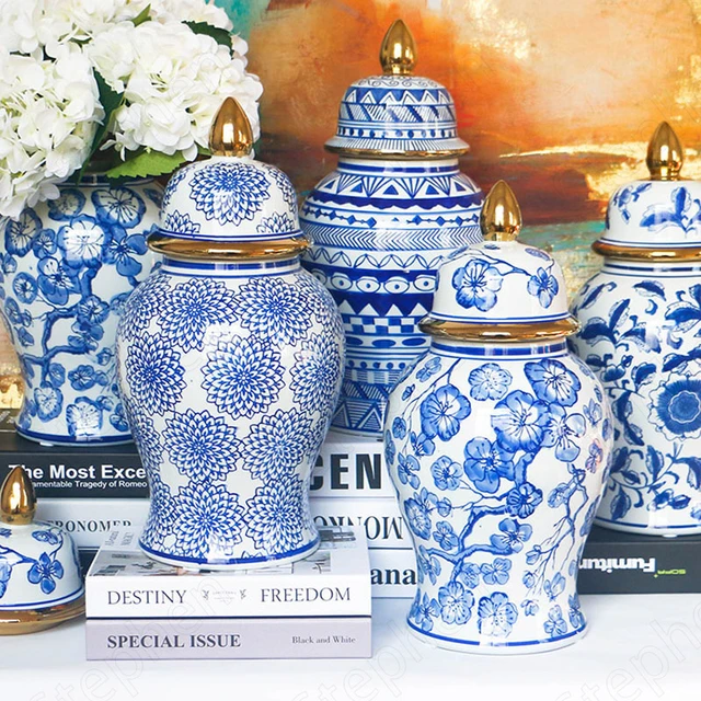 Vasi in ceramica blu e bianca con bordo dorato vaso di fiori da tavolo  Vintage cinese vasi alti da pavimento per ornamento di decorazione del  soggiorno - AliExpress