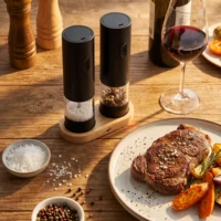 Rechargeable Electric Salt&Pepper Grinder Set with Wood Base, Automatic One‑Hand Operated Spice Mill with Adjustable Coarseness 3