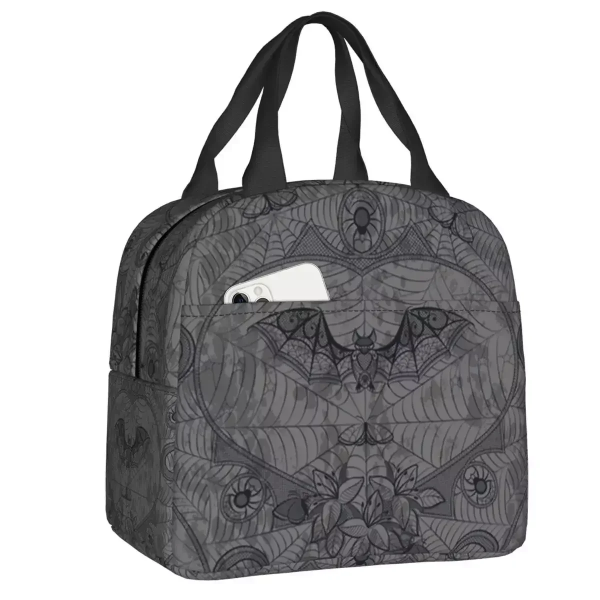 

2024 New Halloween Witch Bats Portable Lunch Box Women Leakproof Gothic Halloween Lace Cooler Thermal Food Insulated Lunch Bag